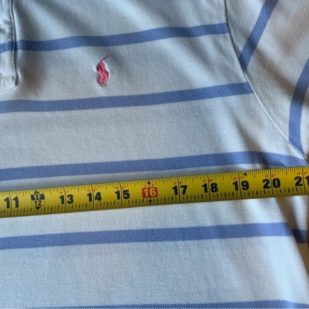 Men's Polo Ralph Lauren Large White Blue Striped  100% Cotton Short Sleeve Golf‎
